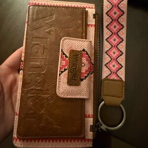 Wrangler Pink and Brown Wallet with Patterned Strap wristlet